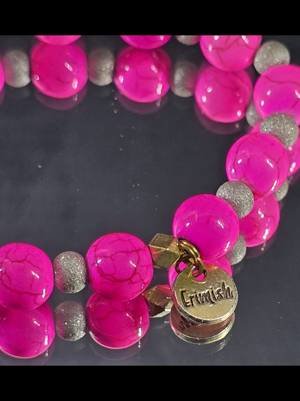 Erimish Hot Pink Marble Beaded Stretch Bracelet with Silver Pavé Accent Beads